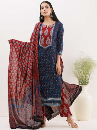 Ajrakh Damini Set Of Kurta With Pockets Pants Dupatta