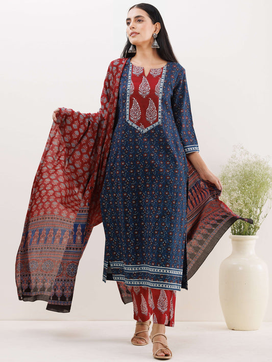 Ajrakh Damini Set Of Kurta With Pockets Pants Dupatta