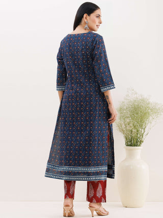 Ajrakh Damini Set Of Kurta With Pockets Pants Dupatta