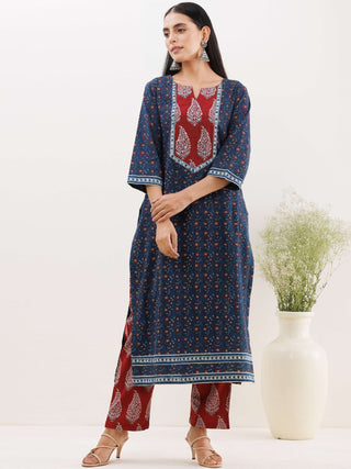 Ajrakh Damini Set Of Kurta With Pockets Pants Dupatta