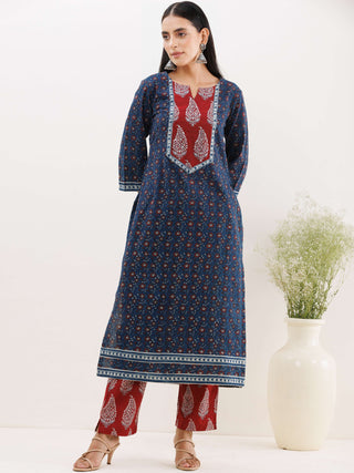 Ajrakh Damini Set Of Kurta With Pockets Pants Dupatta