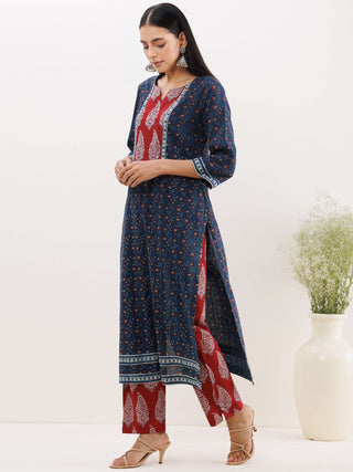 Ajrakh Damini Set Of Kurta With Pockets Pants Dupatta