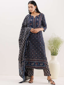 Ajrakh Kaynat Set Of Kurta Pants Dupatta