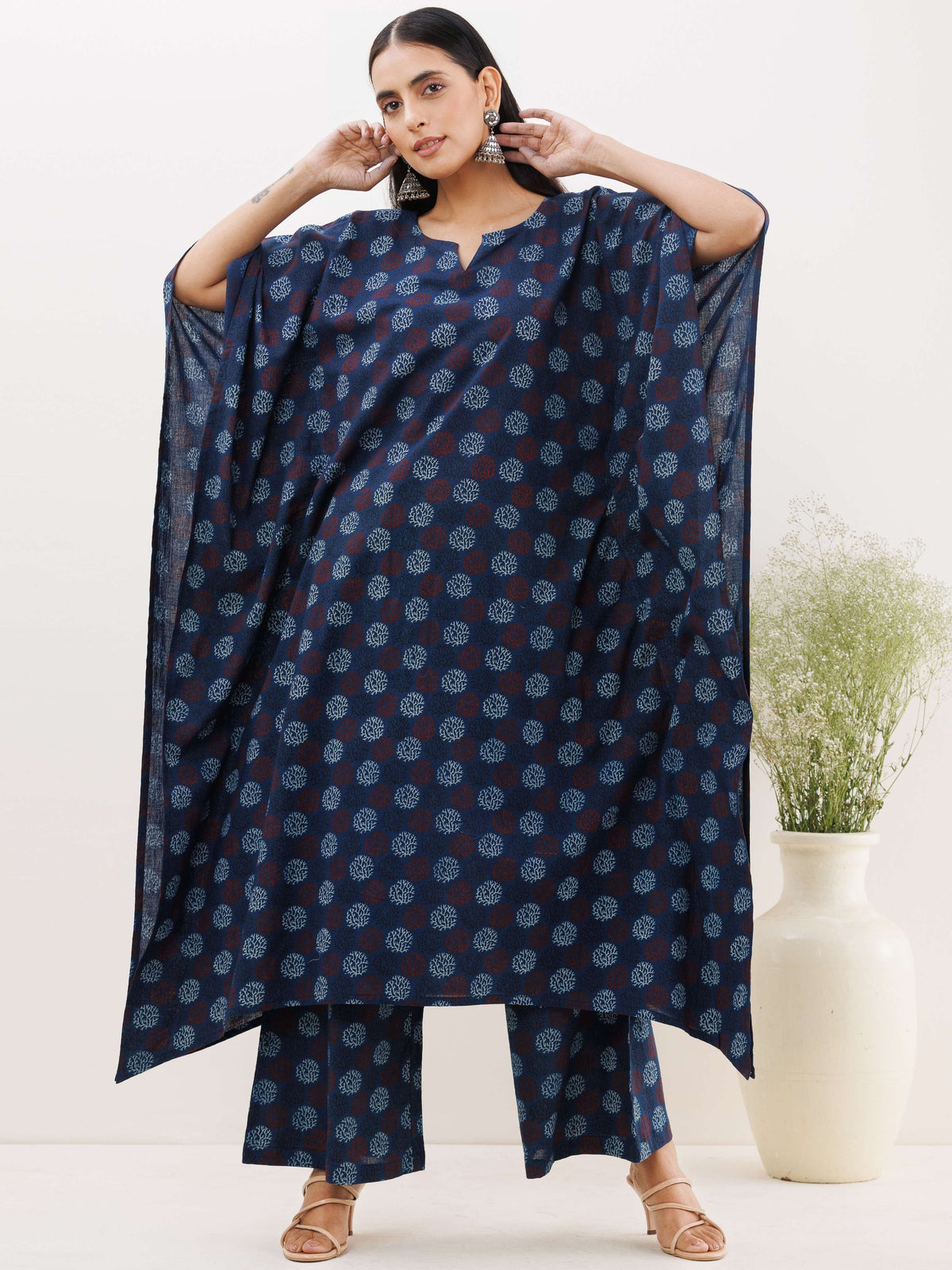 Sukoon Urja Ajrakh Kaftan Co-ord Set – InduBindu