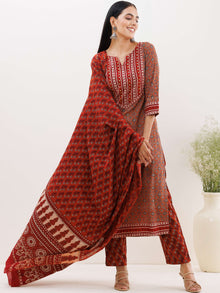 Ajrakh Meenal Set Of Kurta Pants Dupatta