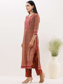 Ajrakh Meenal Set Of Kurta Pants Dupatta