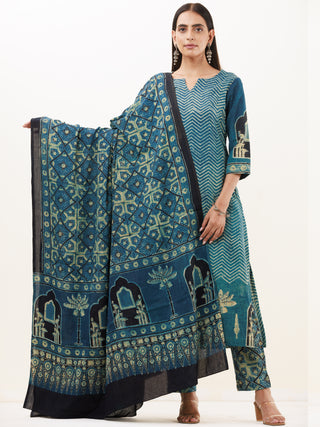 Ajrakh Roza Set Of Kurta Pants Dupatta