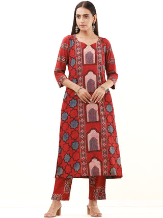 Ajrakh Prerna Set Of Kurta Pants Dupatta