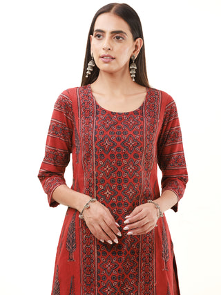 Ajrakh Maina Set Of Kurta Pants Dupatta