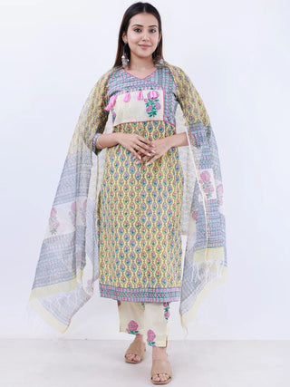 Roz Mina Set Of Kurta Pants Kota Doria Dupatta