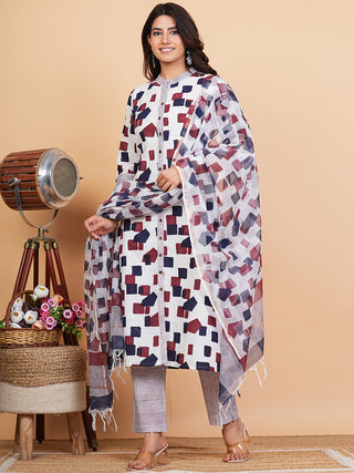 Roz Mandira Set Of Slub Cotton Kurta Pants Dupatta