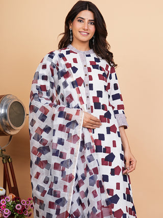 Roz Mandira Set Of Slub Cotton Kurta Pants Dupatta