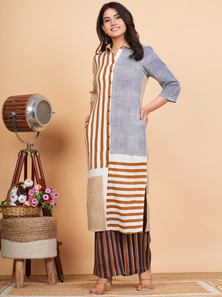 Roz Muskaan Set Of Cotton Slub Kurta Pants Kota Doria Dupatta