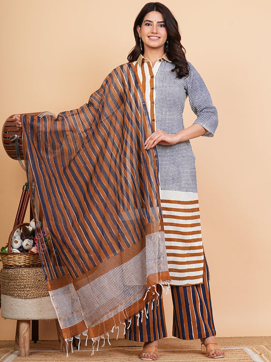 Roz Muskaan Set Of Cotton Slub Kurta Pants Kota Doria Dupatta