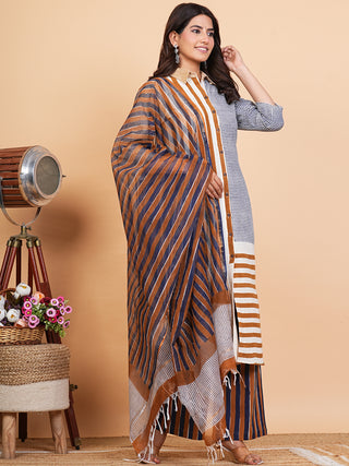 Roz Muskaan Set Of Cotton Slub Kurta Pants Kota Doria Dupatta