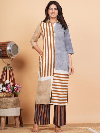Roz Muskaan Set Of Cotton Slub Kurta Pants Kota Doria Dupatta