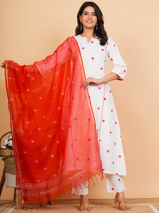 Roz Nagma Set Of Cotton Slub Kurta Pants Kota Doria Dupatta