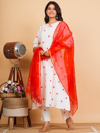Roz Nagma Set Of Cotton Slub Kurta Pants Kota Doria Dupatta