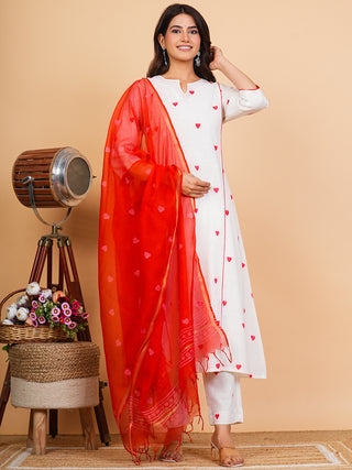 Roz Nagma Set Of Cotton Slub Kurta Pants Kota Doria Dupatta