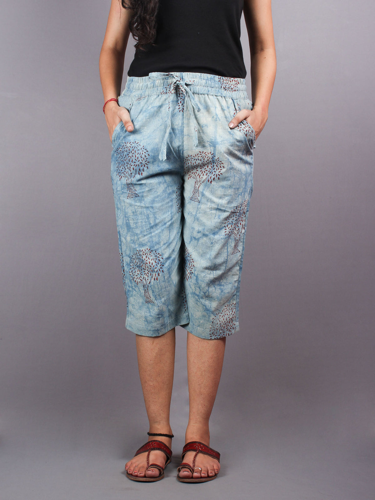 Indigo Hand Block Printed Elasticated Waist Capri - C0267009