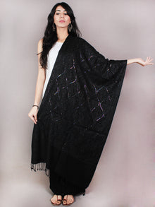 Black Aari Embroidery With Sequence Work Pure Wool Stole from Kashmir - S6317073