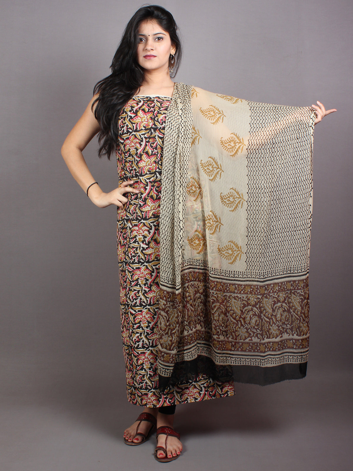 Black Beige Yellow Pink White Hand Block Printed Cotton Suit-Salwar Fabric With Chiffon Dupatta - S1628041