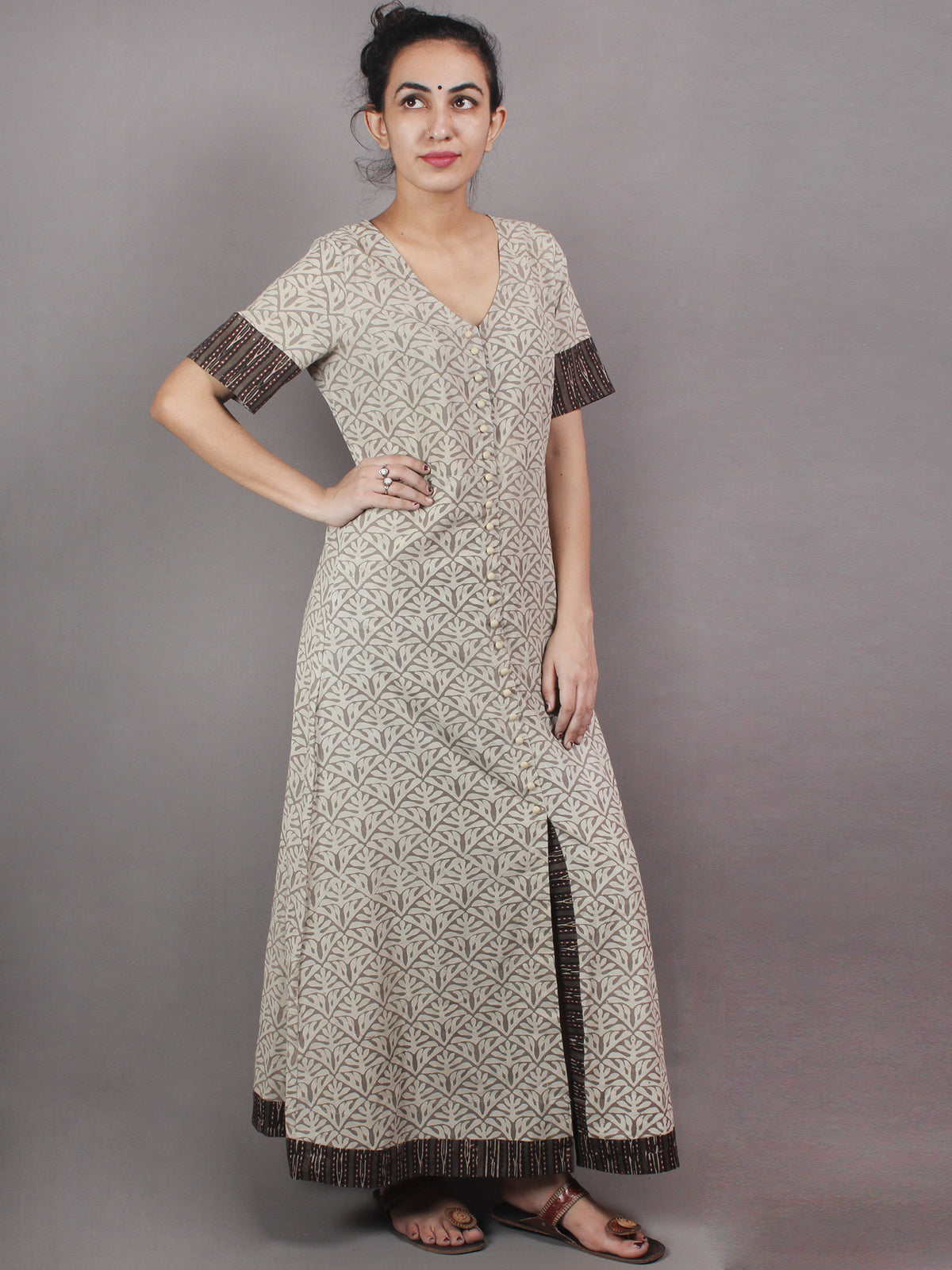 Beige Brown Hand Block Printed Long Cotton Dress With Front Slit - D0423803