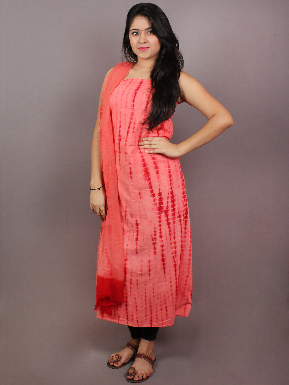 Red Maroon Hand Shibori Cotton Suit-Salwar Fabric With Chiffon Dupatta - S1628094