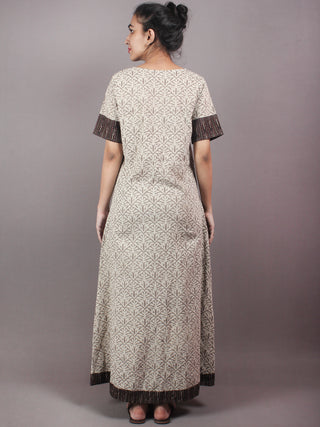 Beige Brown Hand Block Printed Long Cotton Dress With Front Slit - D0423803