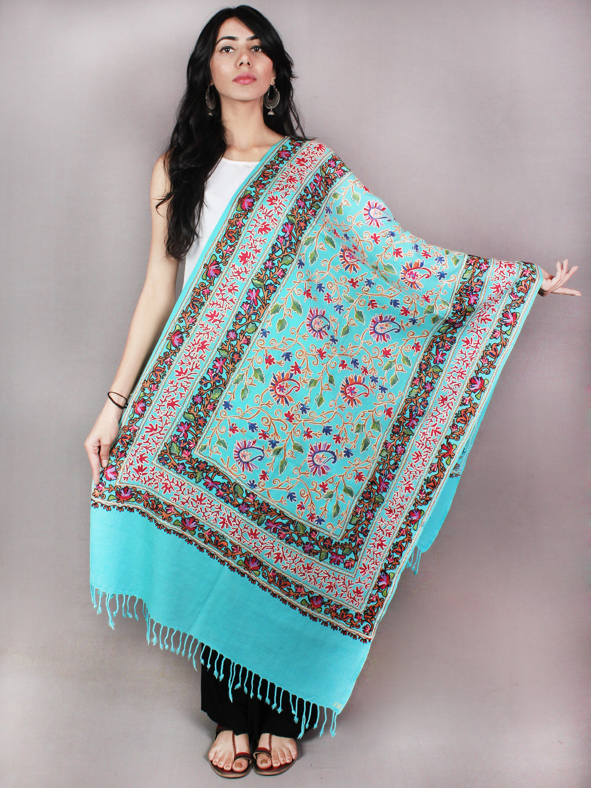 Sky Blue Jaldar Aari Embroidery Pure Wool Stole from Kashmir - S6317082