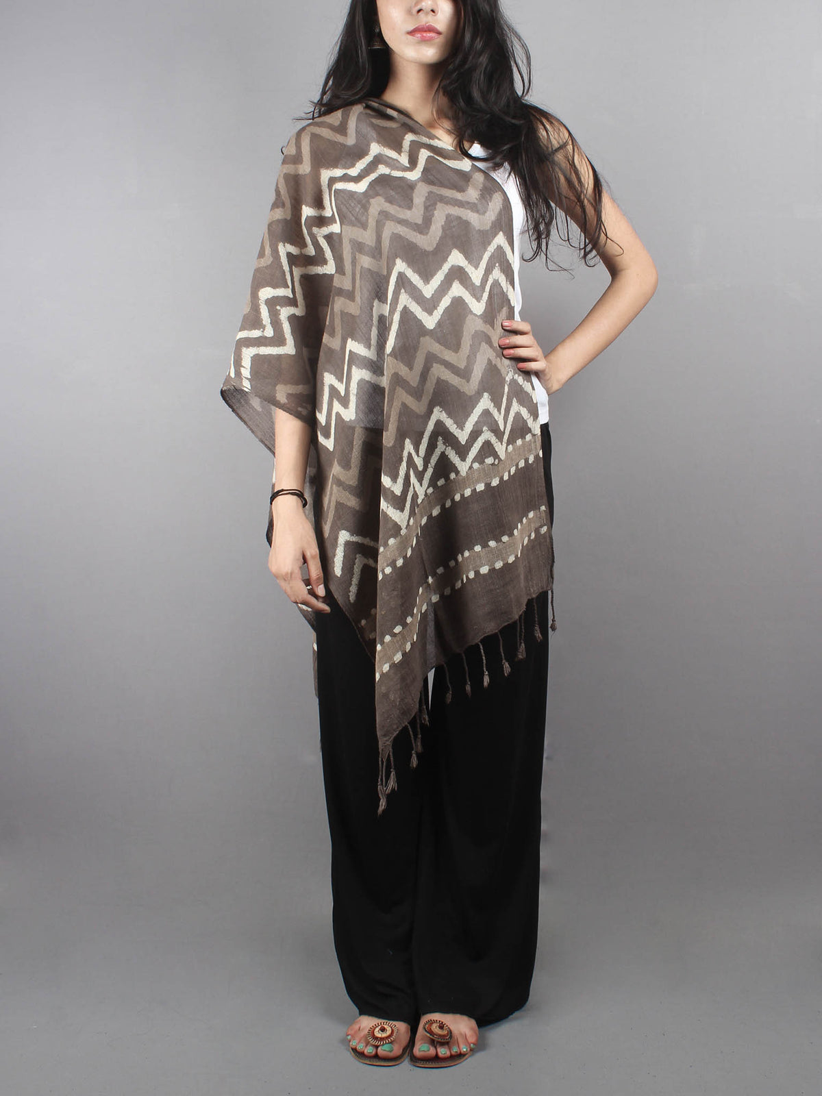 Brown Bagru Hand Printed Handloom Cotton Stole- S6317010