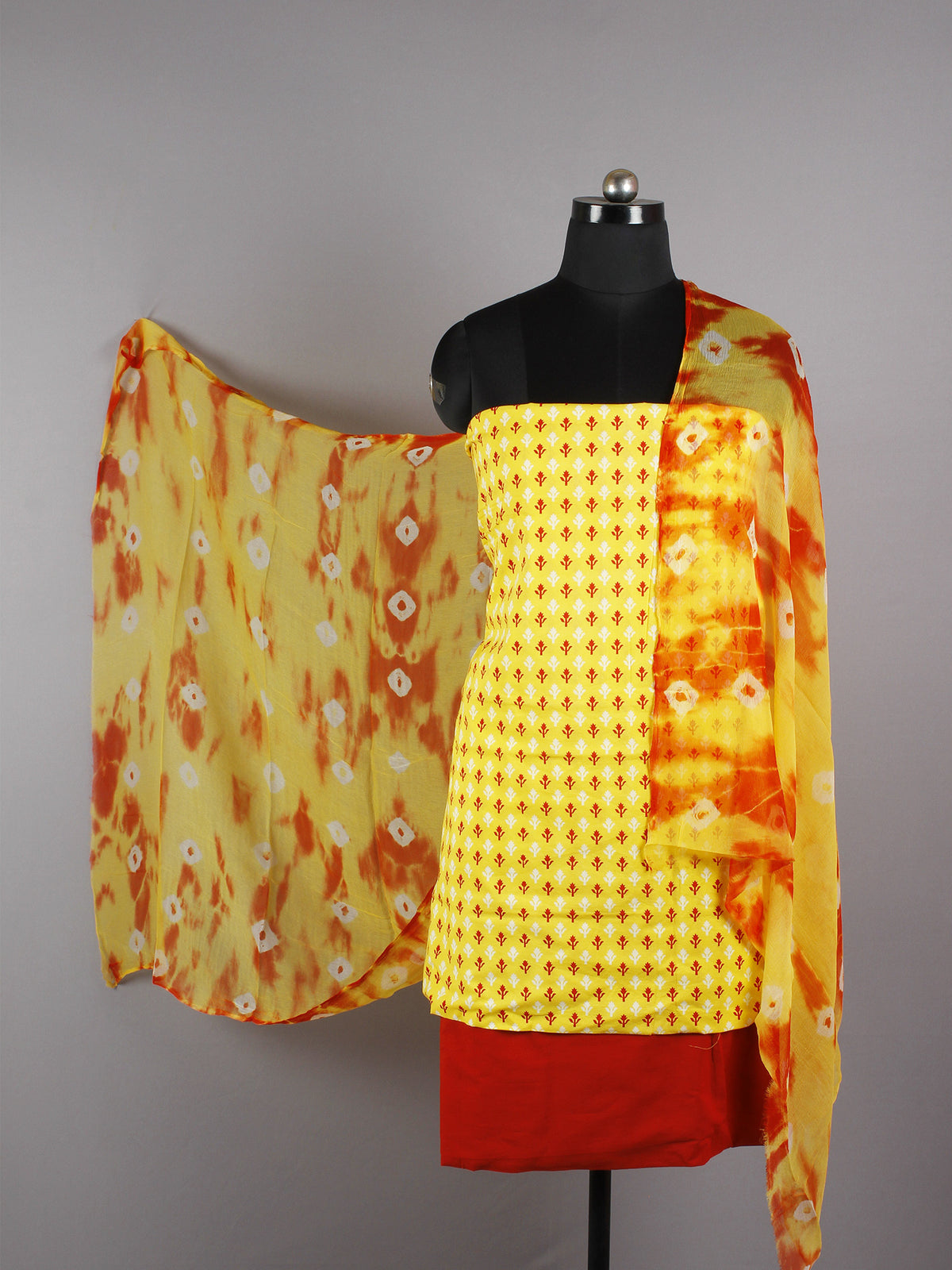 Yellow Brick Red Ivory Hand Block Printed Cotton Suit-Salwar Fabric With Chiffon Dupatta - S16281239