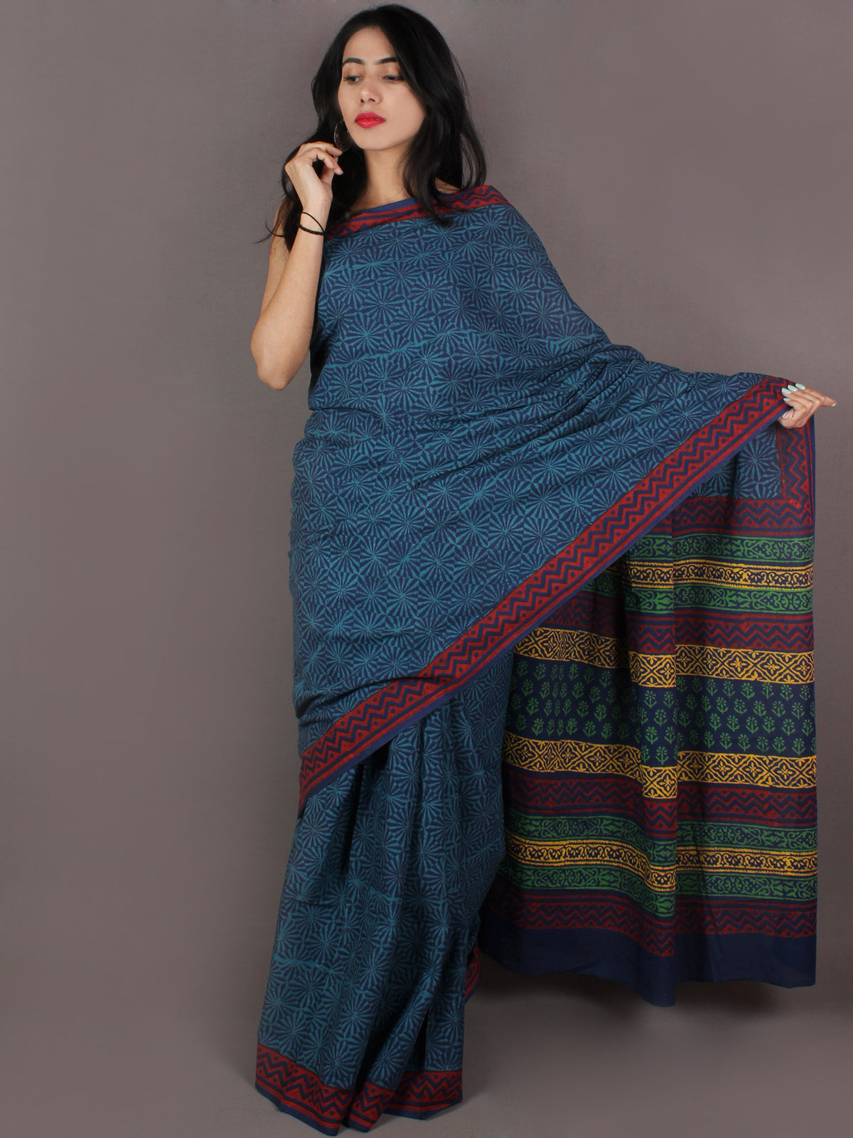 Indigo Sky Blue Maroon Yellow Green Hand Block Printed in Natural Colors Cotton Mul Saree - S031701000