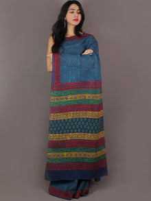 Indigo Sky Blue Maroon Yellow Green Hand Block Printed in Natural Colors Cotton Mul Saree - S031701000