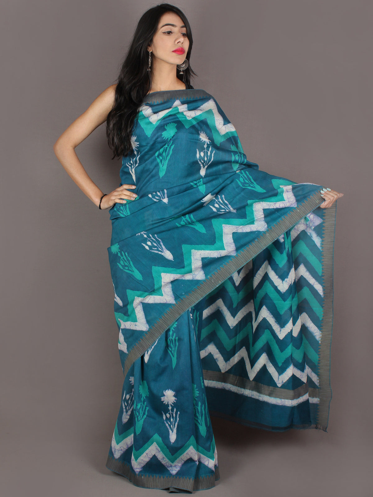 Teal Blue White Hand Block Printed in Natural Colors Chanderi Saree With Geecha Border - S031701001