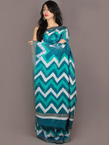 Teal Blue White Hand Block Printed in Natural Colors Chanderi Saree With Geecha Border - S031701001