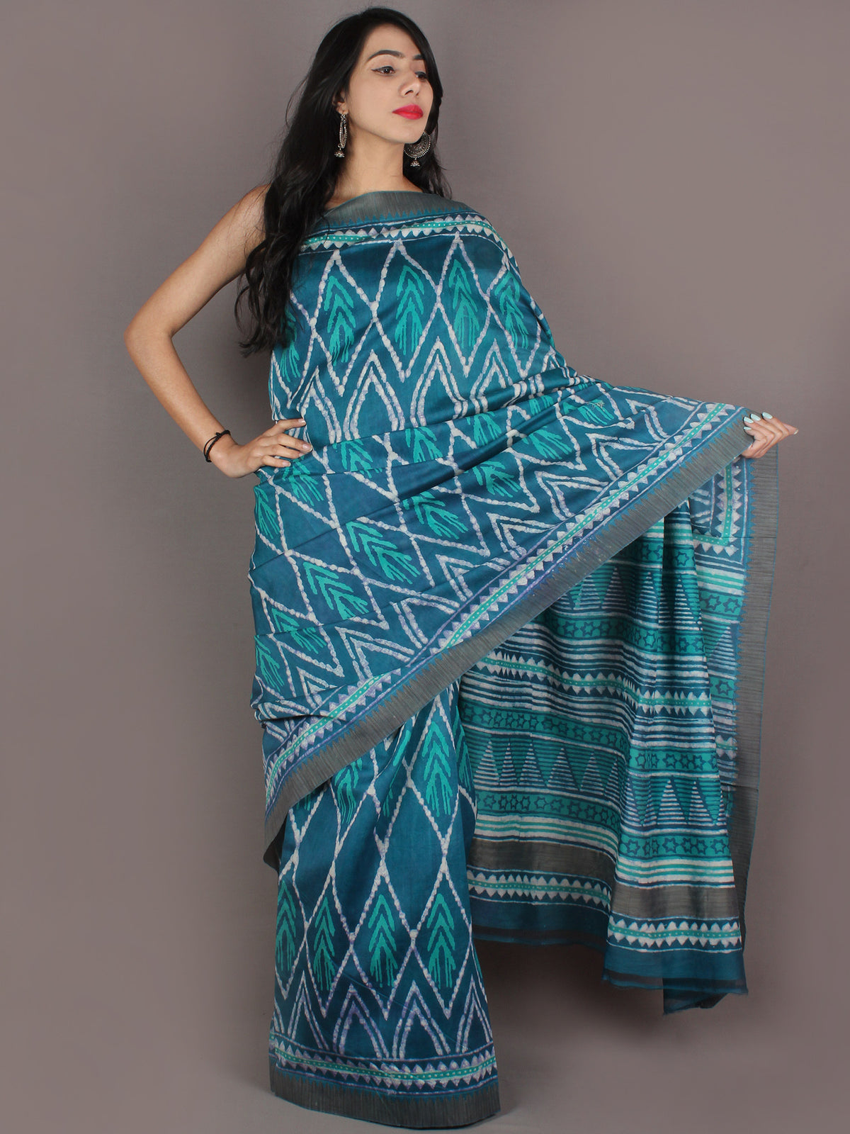 Teal Blue White Hand Block Printed in Natural Colors Chanderi Saree With Geecha Border - S031701002