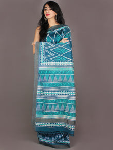 Teal Blue White Hand Block Printed in Natural Colors Chanderi Saree With Geecha Border - S031701002