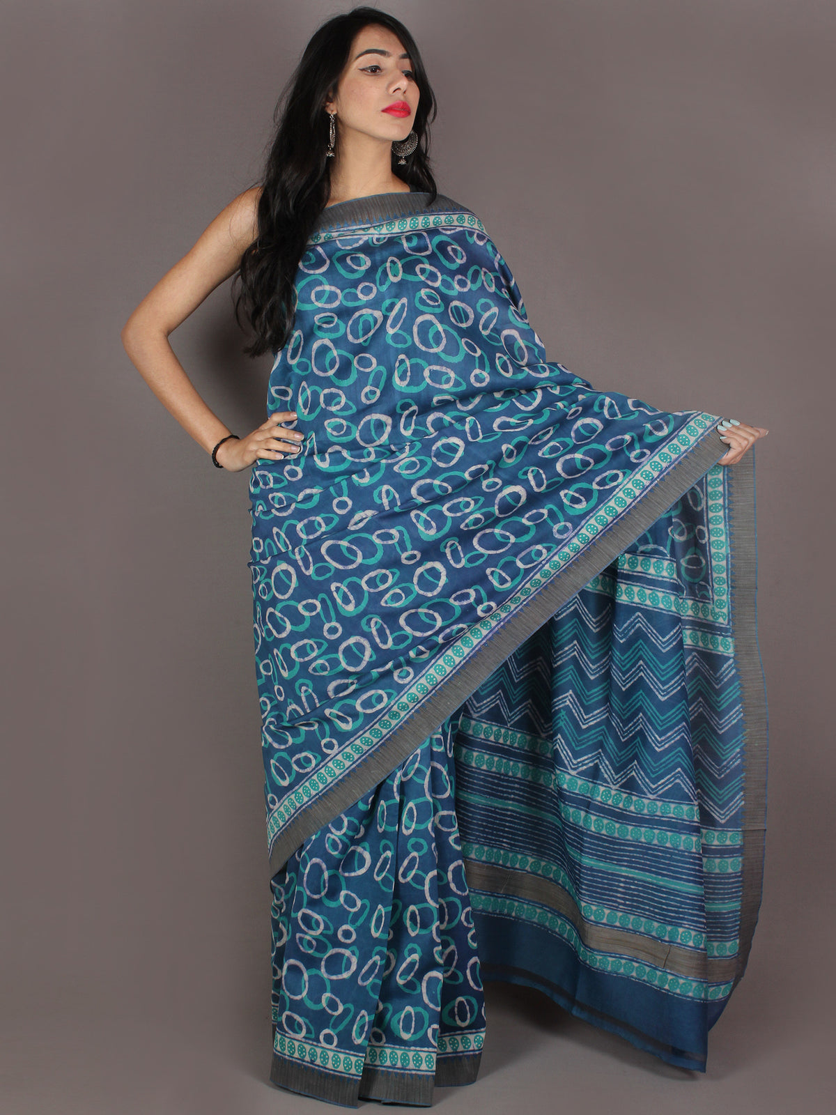 Teal Blue White Hand Block Printed in Natural Colors Chanderi Saree With Geecha Border - S031701003
