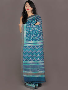 Teal Blue White Hand Block Printed in Natural Colors Chanderi Saree With Geecha Border - S031701003