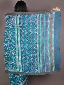 Teal Blue White Hand Block Printed in Natural Colors Chanderi Saree With Geecha Border - S031701003