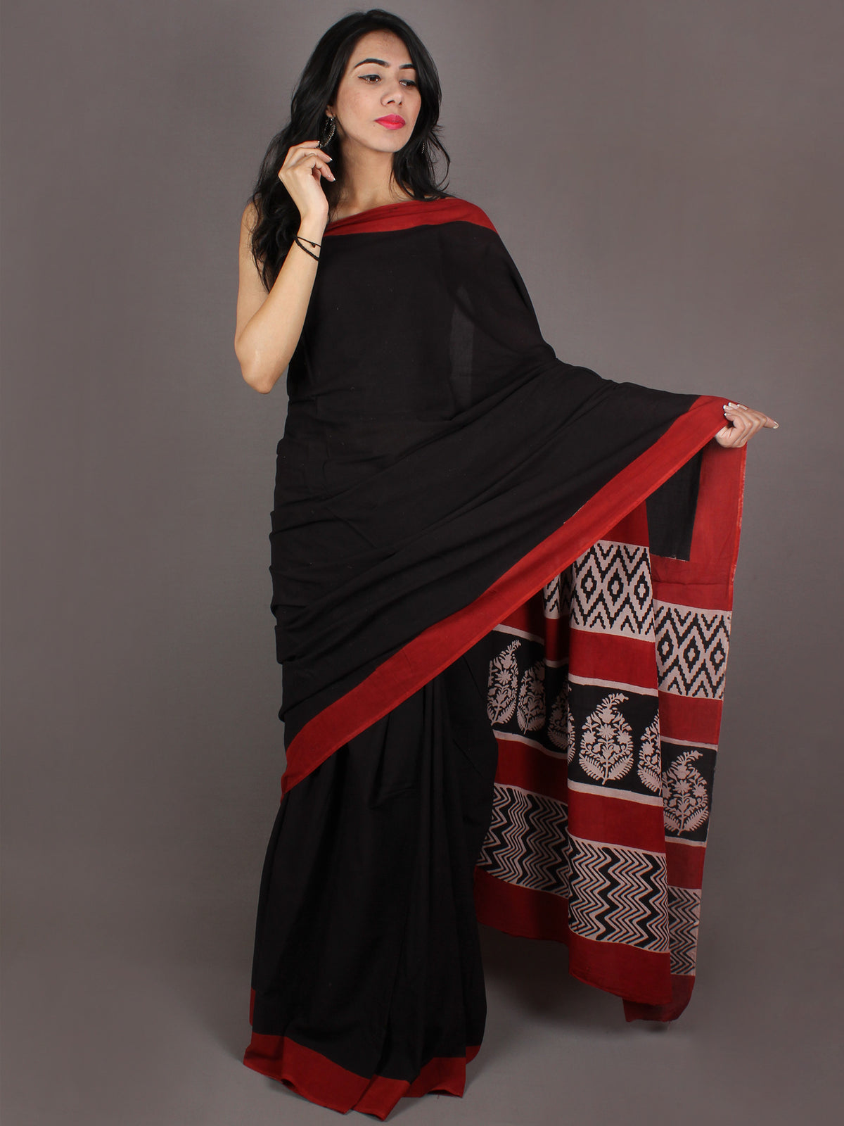 Black Red Beige Hand Block Painted & Printed Cotton Mul Saree - S031701004