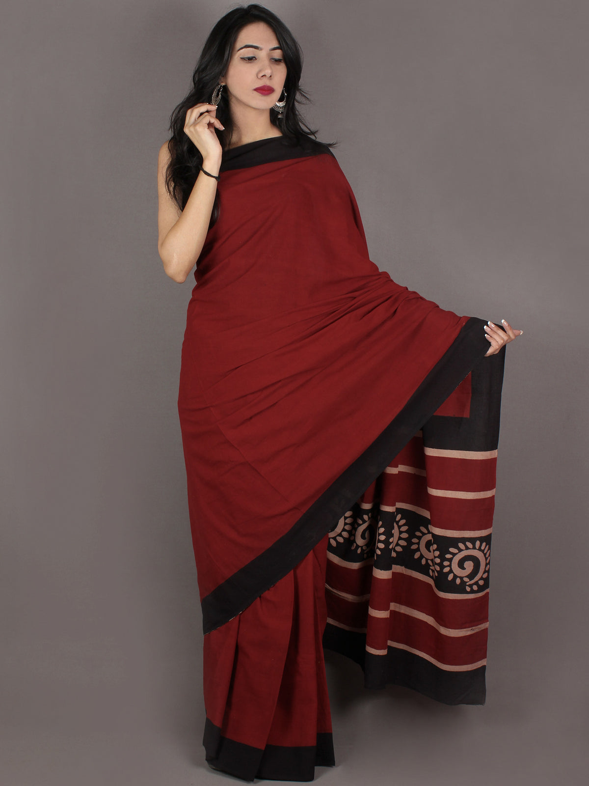 Maroon Black Hand Block Painted & Printed in Natural Colors Cotton Mul Saree - S031701005