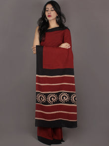 Maroon Black Hand Block Painted & Printed in Natural Colors Cotton Mul Saree - S031701005
