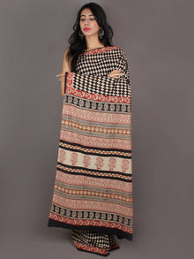 Black Ivory Red Hand Block Printed in Natural Colors Cotton Mul Saree - S031701007