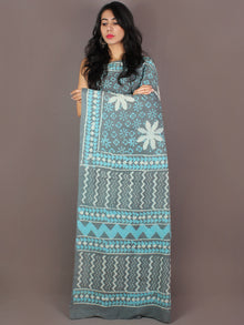 Grey Sky Blue White Hand Block Printed in Natural Colors Cotton Mul Saree - S031701009