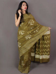 Asparagus Green Hand Block Printed in Natural Colors Cotton Mul Saree - S031701011