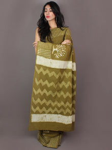 Asparagus Green Hand Block Printed in Natural Colors Cotton Mul Saree - S031701011