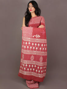 Vermilion Red White Hand Block Printed in Natural Colors Cotton Mul Saree - S031701012