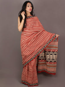 Red Ivory Black Hand Block Printed in Natural Colors Cotton Mul Saree - S031701013